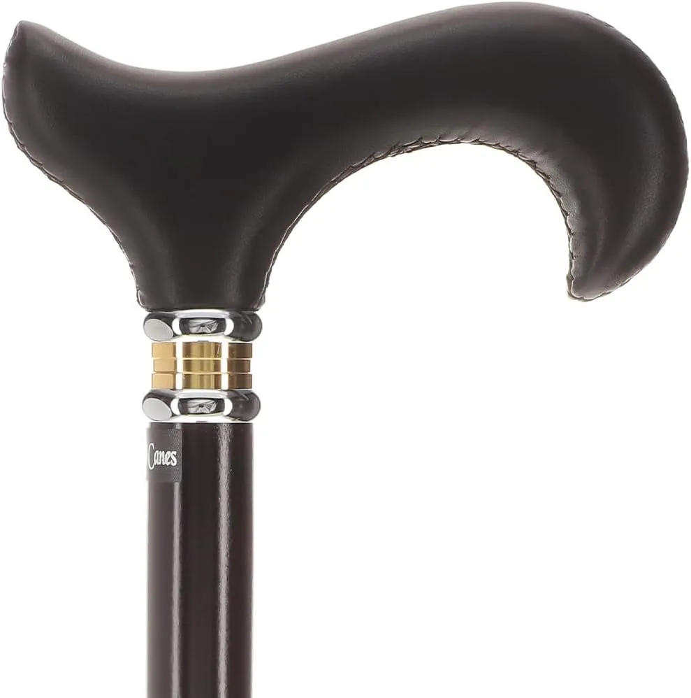Soft Derby Handle Walking Cane – Genuine Leather Grip, Leather-Wrapped & Unique Wood Shaft, Two-Tone Collar – Stylish Gift for Men & Women