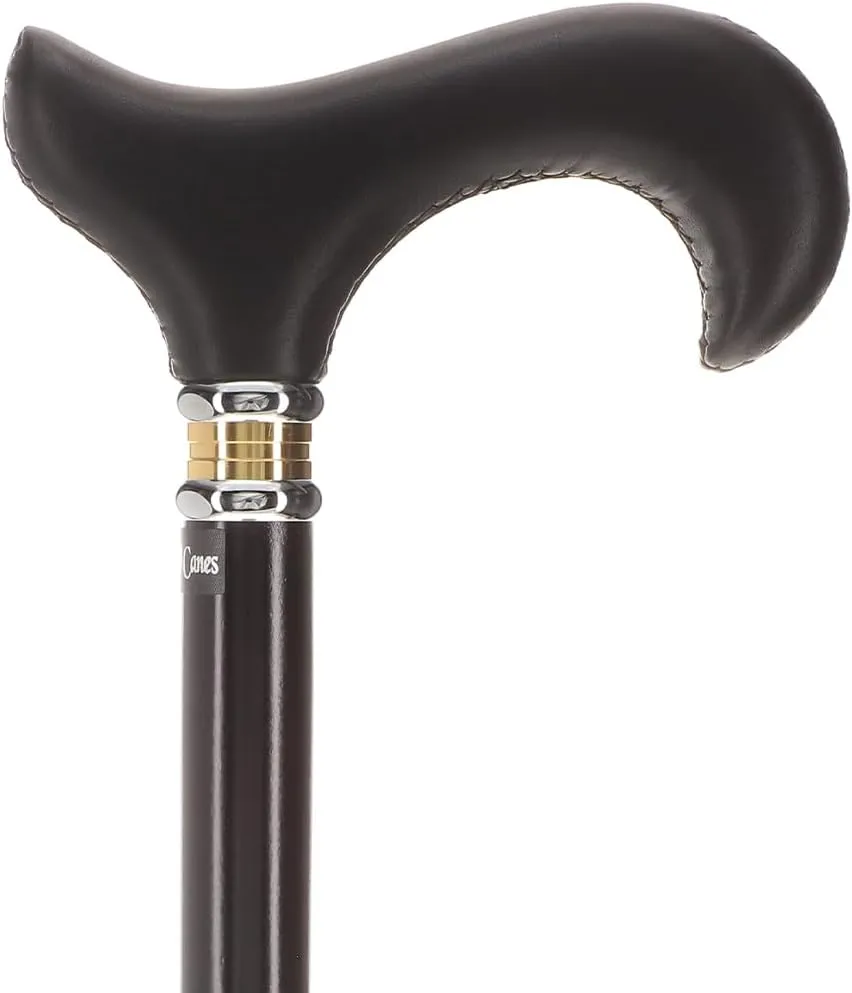 Soft Derby Handle Walking Cane – Genuine Leather Grip, Leather-Wrapped & Unique Wood Shaft, Two-Tone Collar – Stylish Gift for Men & Women