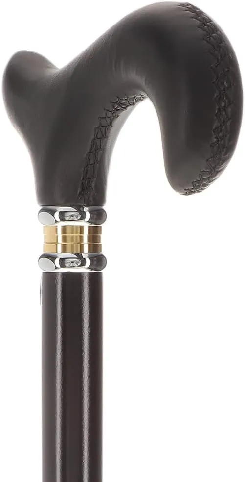 Soft Derby Handle Walking Cane – Genuine Leather Grip, Leather-Wrapped & Unique Wood Shaft, Two-Tone Collar – Stylish Gift for Men & Women