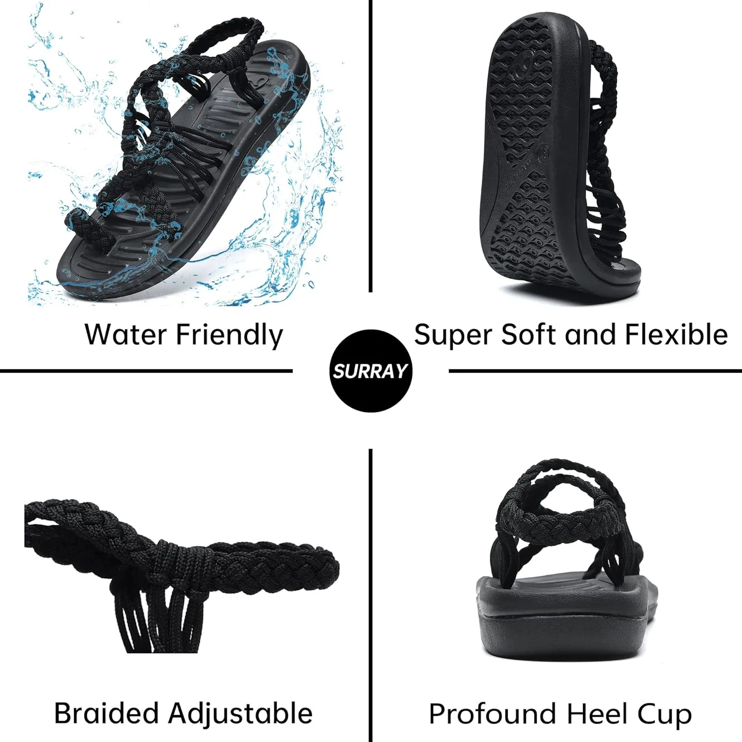 SURRAY Womens Summer Flat Sandals Comfortable Arch Support Walking Braided Beach Sandals, Size US 5-11