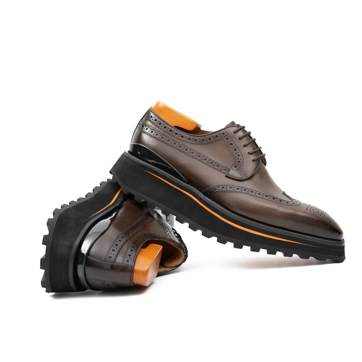 Thick-soled calfskin formal brogue derby shoes coffee