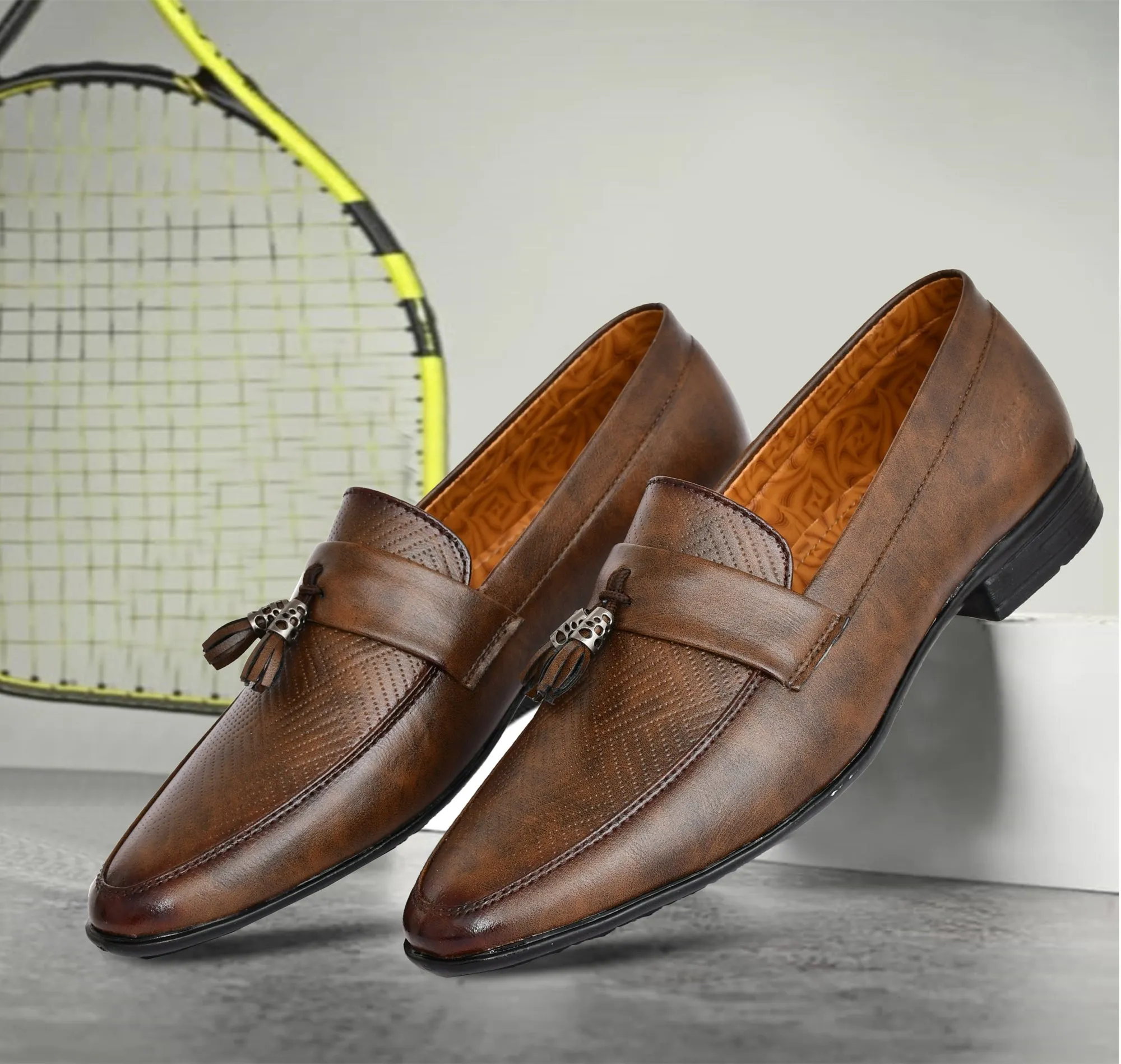 Tussled Loafers for Men with Perforated Pattern  Brown