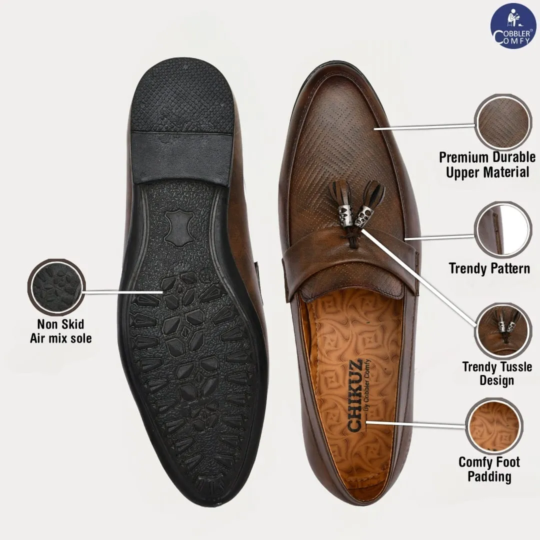 Tussled Loafers for Men with Perforated Pattern  Brown