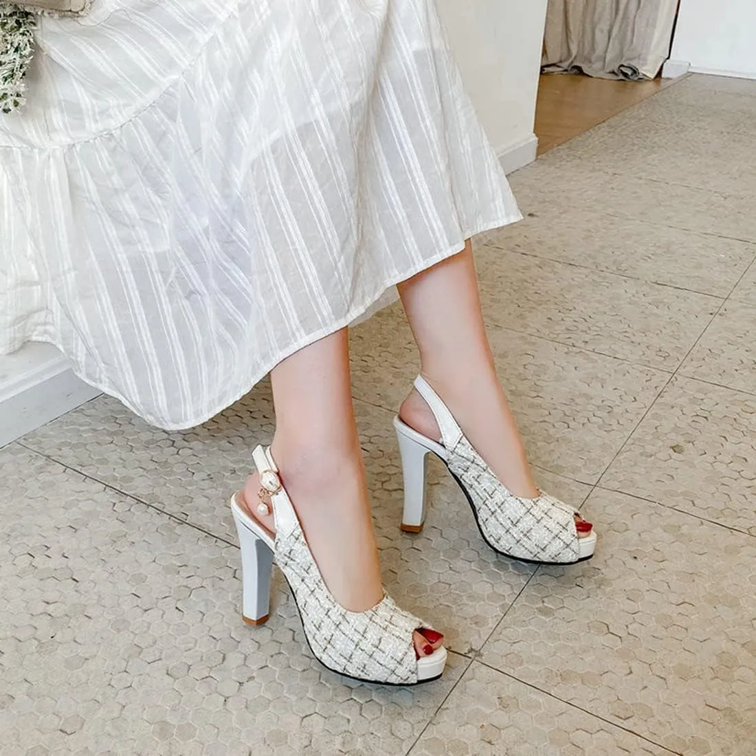 VOKLIN Women's Fashion Plaid Platform Chunky High Heel Sandals Peep Toe Slingback Pump Dressy Heeled Sandal