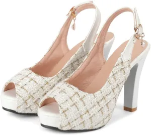 VOKLIN Women's Fashion Plaid Platform Chunky High Heel Sandals Peep Toe Slingback Pump Dressy Heeled Sandal