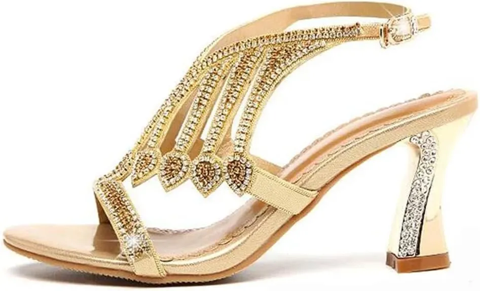 Womens Buckle Strap Back Strap Square Heel Open Side Vamp Basic Sandals Leather Rhinestone High Heel Wedding Summer Sandals