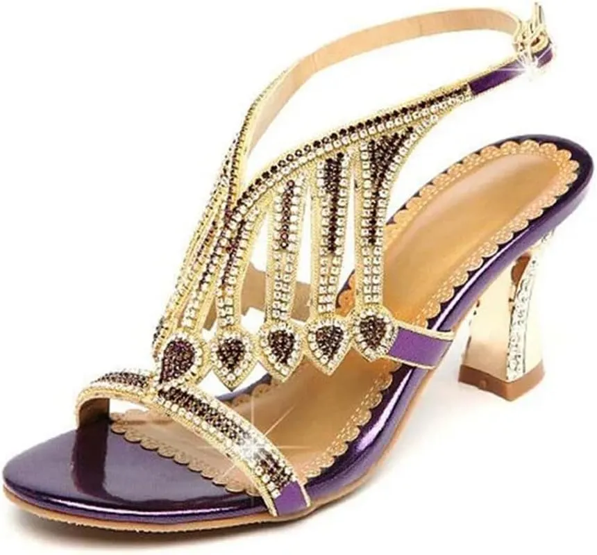Womens Buckle Strap Back Strap Square Heel Open Side Vamp Basic Sandals Leather Rhinestone High Heel Wedding Summer Sandals