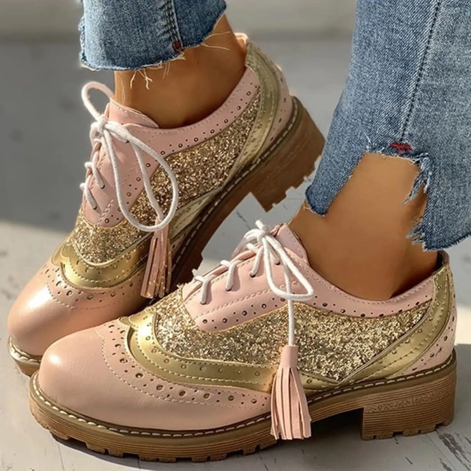 Women's Glitter Chunky Block Heel Lace-Up Oxfords Shoes Sexy Sparkly Patchwork Round Closed Toe Wingtip Flat Brogues Comfortable Derby Saddle Pumps