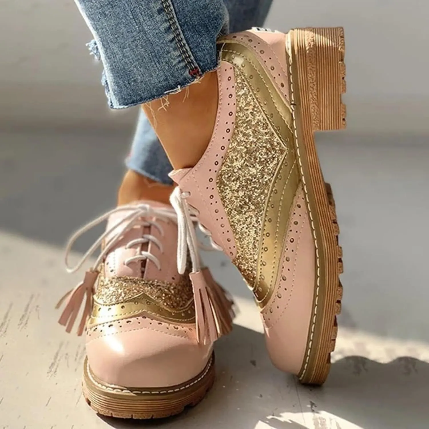 Women's Glitter Chunky Block Heel Lace-Up Oxfords Shoes Sexy Sparkly Patchwork Round Closed Toe Wingtip Flat Brogues Comfortable Derby Saddle Pumps