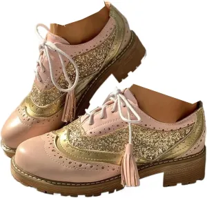 Women's Glitter Chunky Block Heel Lace-Up Oxfords Shoes Sexy Sparkly Patchwork Round Closed Toe Wingtip Flat Brogues Comfortable Derby Saddle Pumps