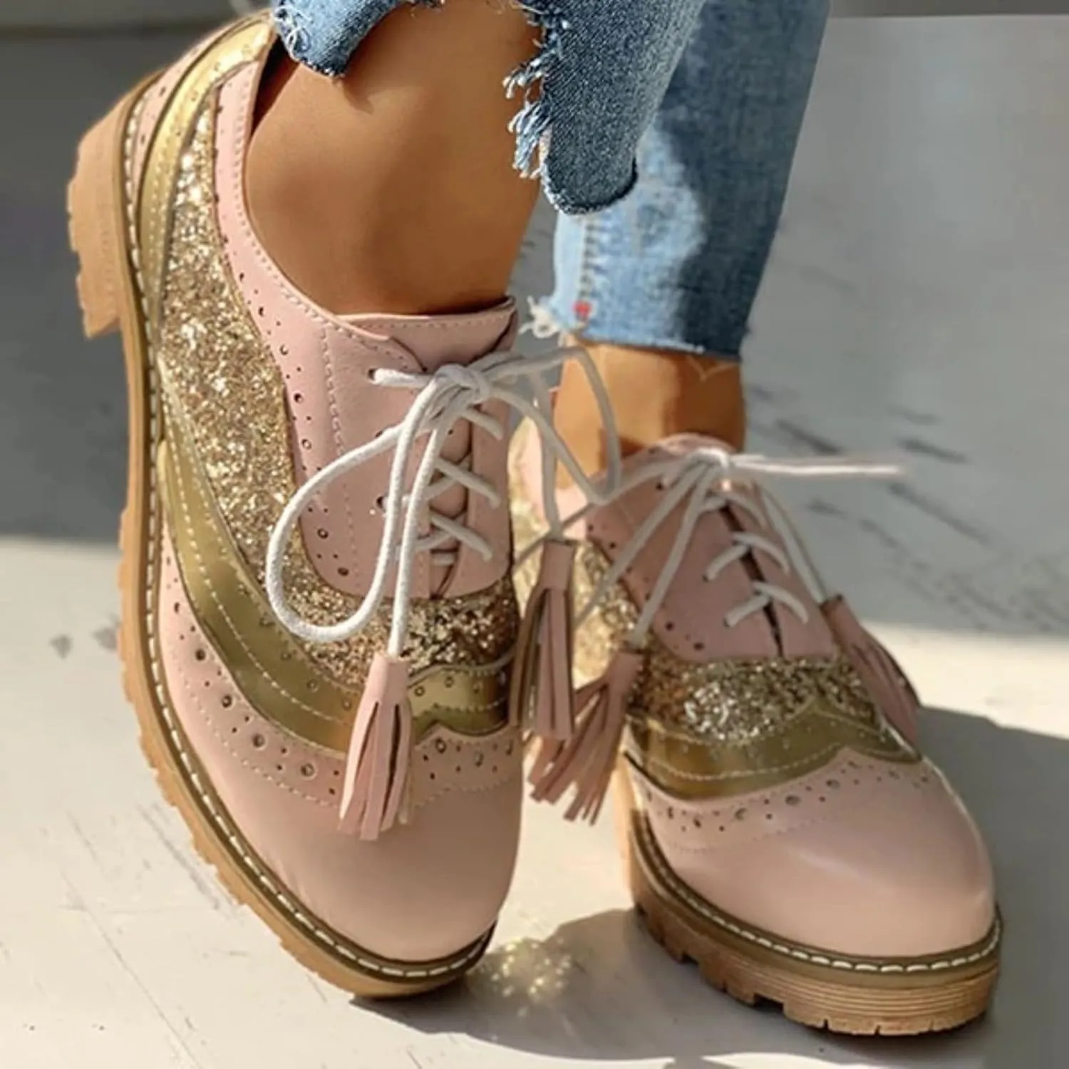 Women's Glitter Chunky Block Heel Lace-Up Oxfords Shoes Sexy Sparkly Patchwork Round Closed Toe Wingtip Flat Brogues Comfortable Derby Saddle Pumps