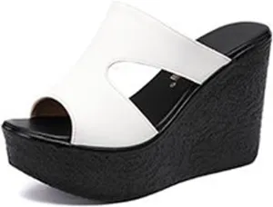 Women'S Leather Cutout Platform Wedge Sandals Fashion Round Open Toe Slip On Wedge Slides Sandals Summer Leisure Beach Vacation Slides