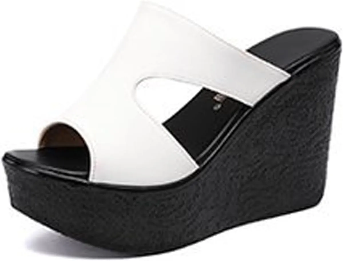 Women'S Leather Cutout Platform Wedge Sandals Fashion Round Open Toe Slip On Wedge Slides Sandals Summer Leisure Beach Vacation Slides