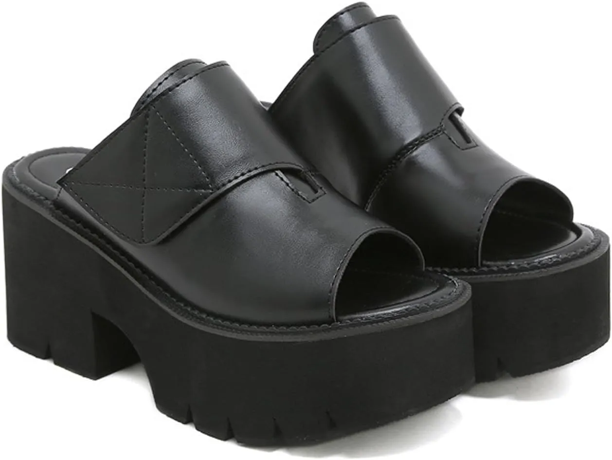 Women'S Leather Platform Chunky Heel Fish Mouth Sandals Adjustable Hook&Loop Fashion Round Peep Toe Mid Block Heel Mules Slides For Office Party