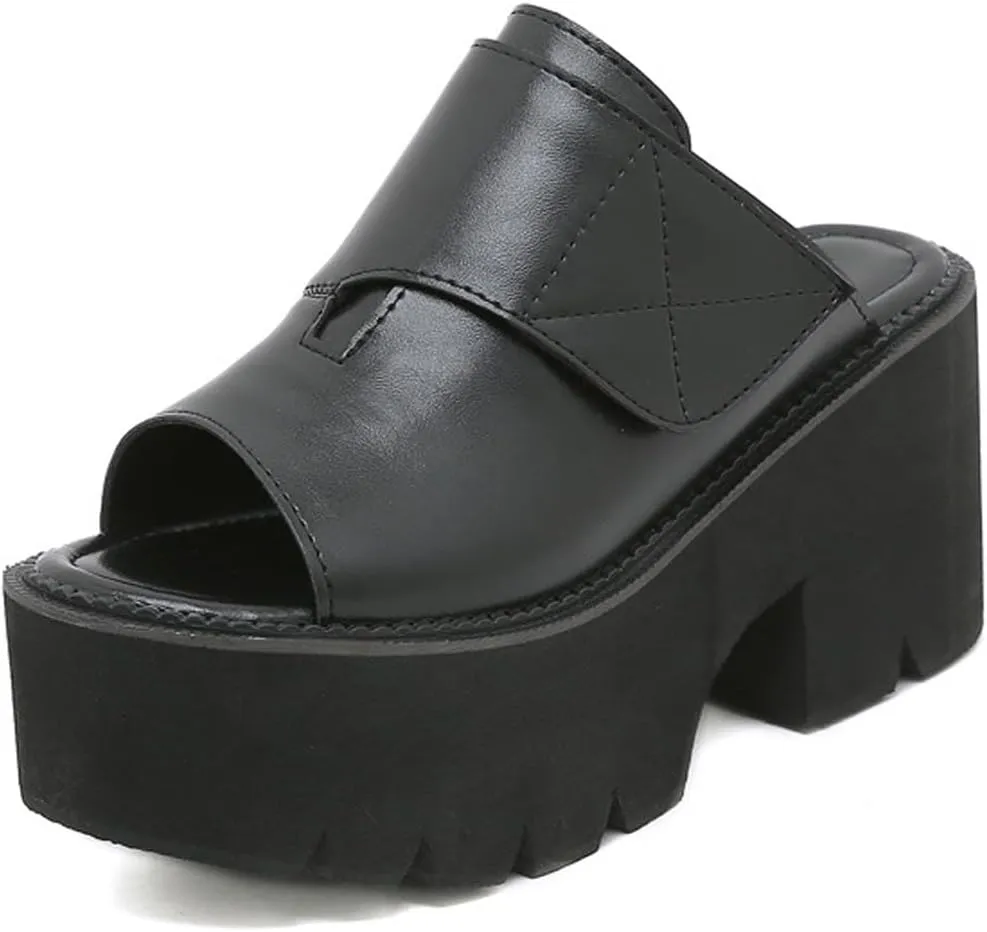 Women'S Leather Platform Chunky Heel Fish Mouth Sandals Adjustable Hook&Loop Fashion Round Peep Toe Mid Block Heel Mules Slides For Office Party
