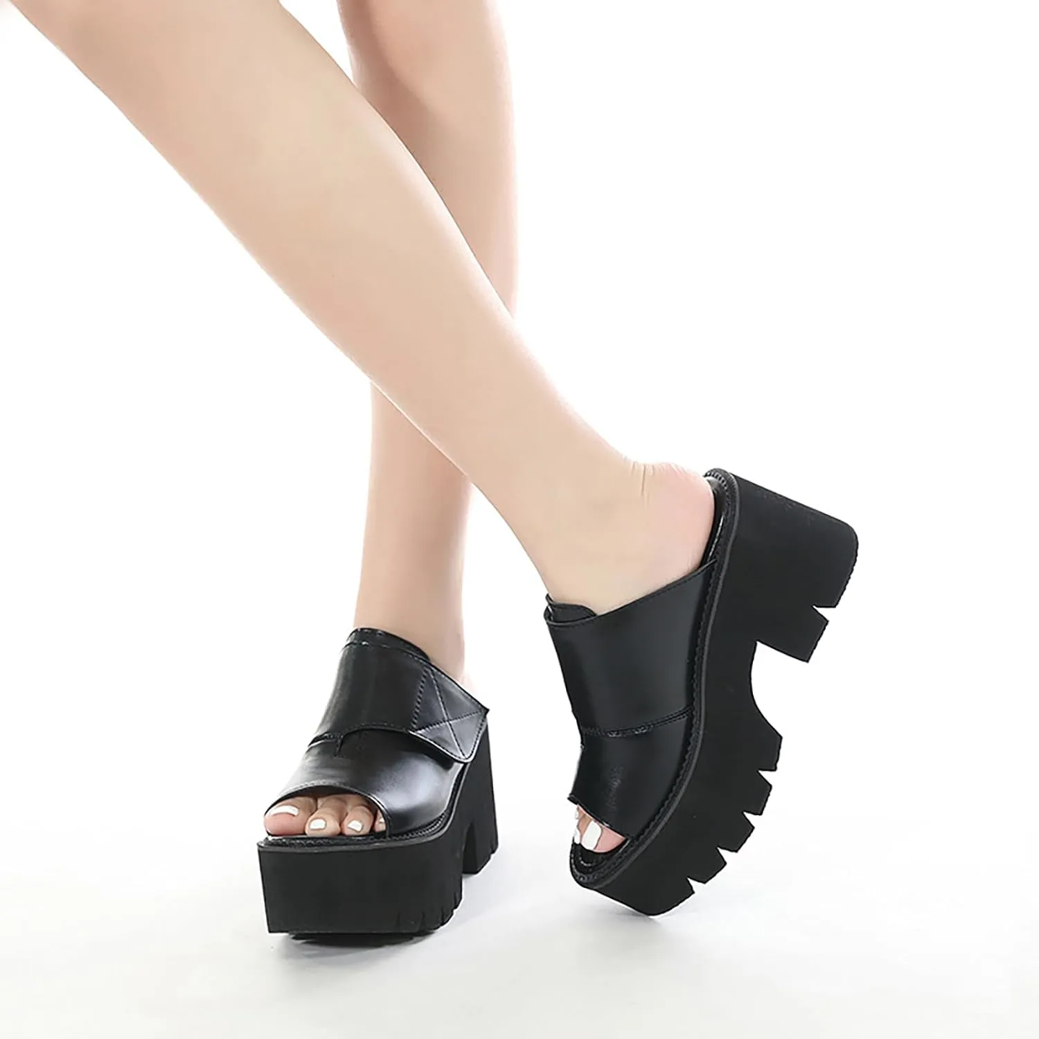 Women'S Leather Platform Chunky Heel Fish Mouth Sandals Adjustable Hook&Loop Fashion Round Peep Toe Mid Block Heel Mules Slides For Office Party