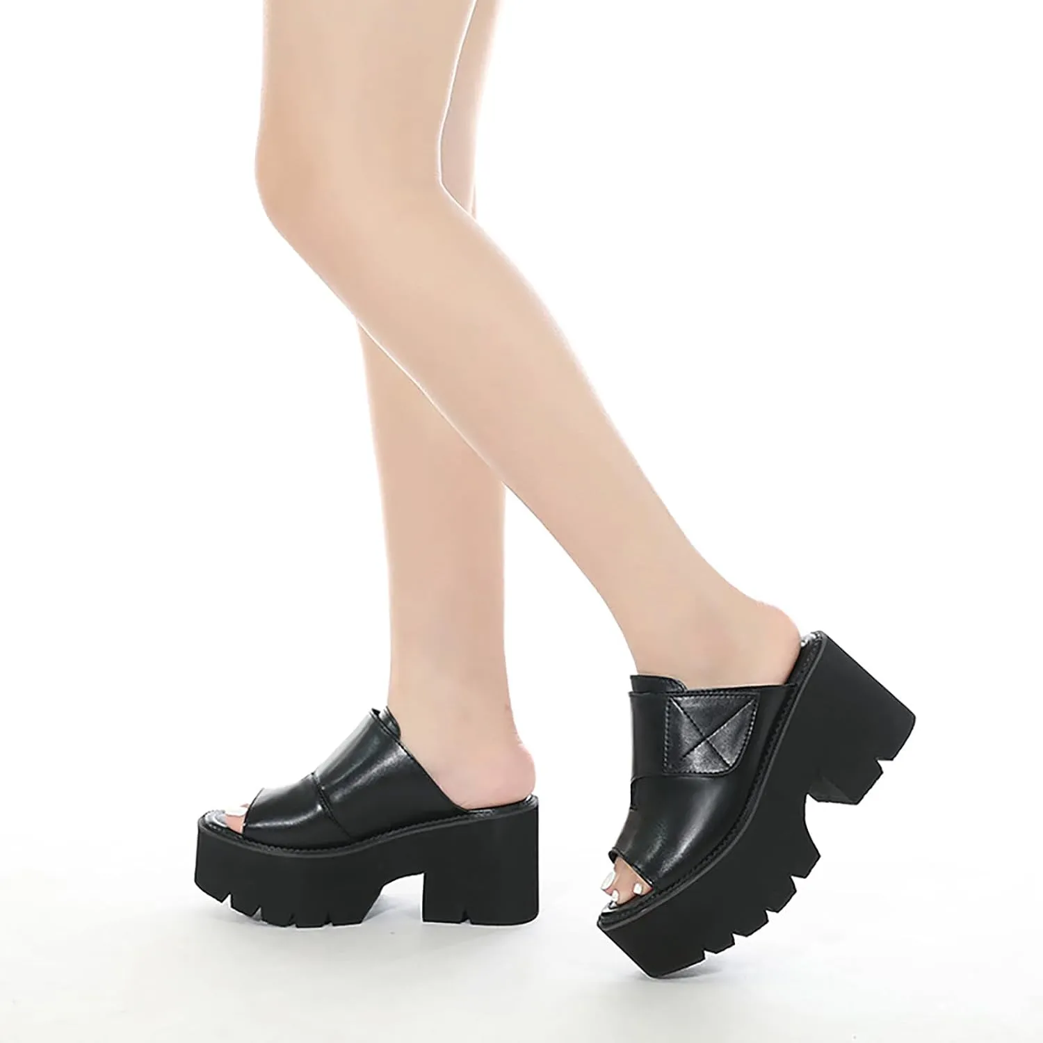 Women'S Leather Platform Chunky Heel Fish Mouth Sandals Adjustable Hook&Loop Fashion Round Peep Toe Mid Block Heel Mules Slides For Office Party