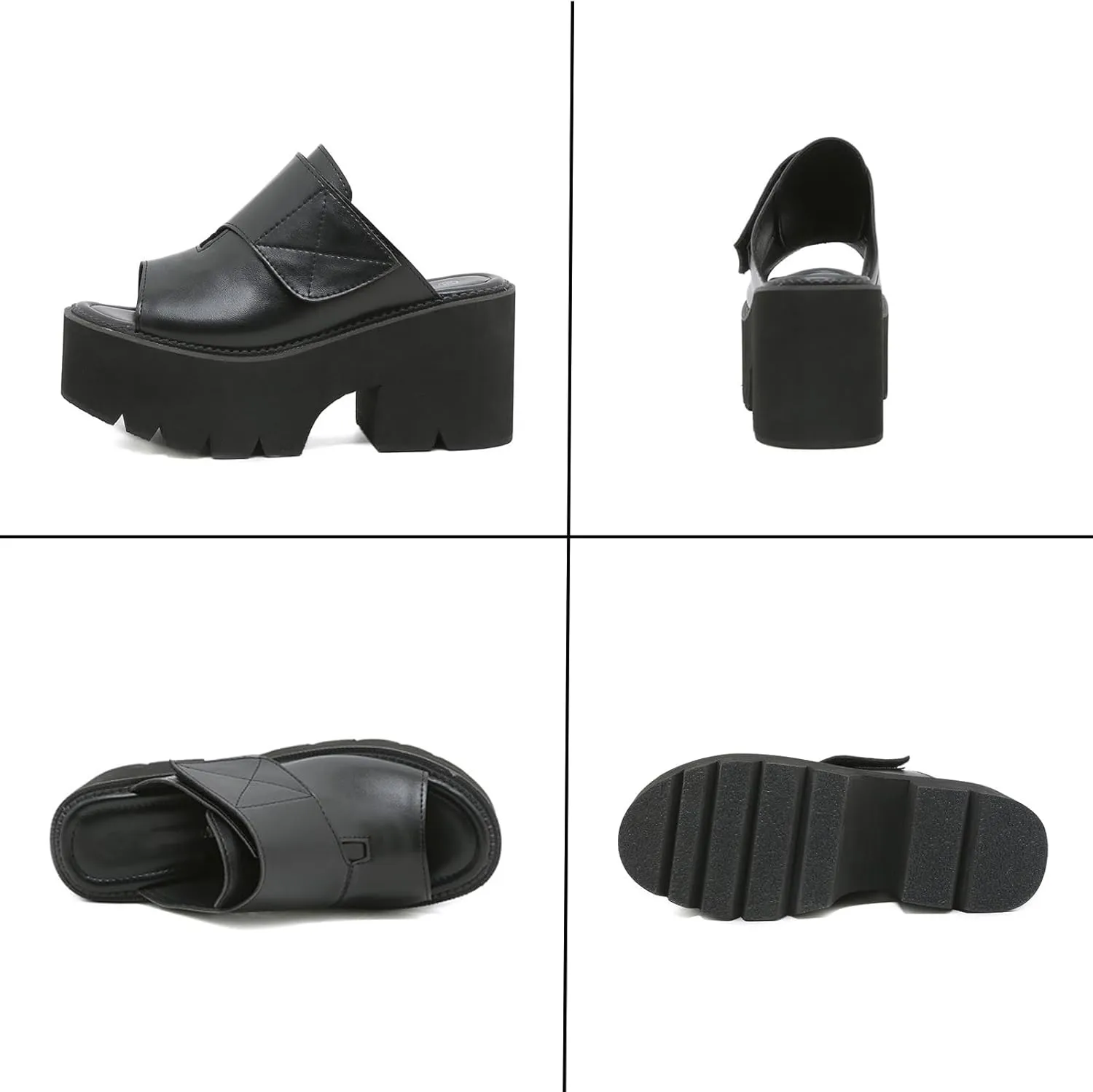 Women'S Leather Platform Chunky Heel Fish Mouth Sandals Adjustable Hook&Loop Fashion Round Peep Toe Mid Block Heel Mules Slides For Office Party