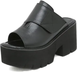 Women'S Leather Platform Chunky Heel Fish Mouth Sandals Adjustable Hook&Loop Fashion Round Peep Toe Mid Block Heel Mules Slides For Office Party