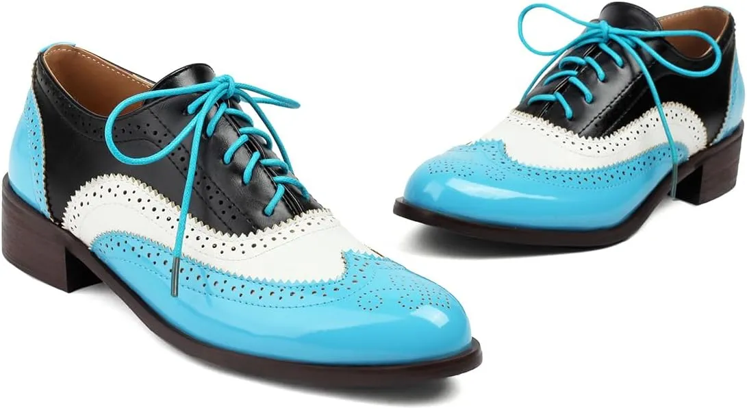 Women's Perforated Classic Lace-up Oxfords Brogue Wingtip Round Toe Derby Saddle Faux Leather Flat Shoes Evening Party Work Jeans Dress Shoes