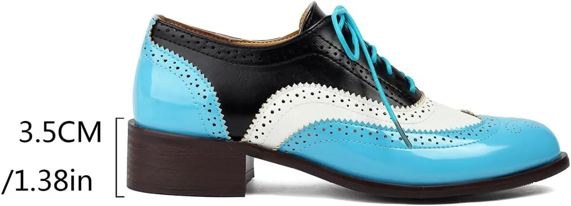 Women's Perforated Classic Lace-up Oxfords Brogue Wingtip Round Toe Derby Saddle Faux Leather Flat Shoes Evening Party Work Jeans Dress Shoes