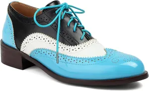 Women's Perforated Classic Lace-up Oxfords Brogue Wingtip Round Toe Derby Saddle Faux Leather Flat Shoes Evening Party Work Jeans Dress Shoes