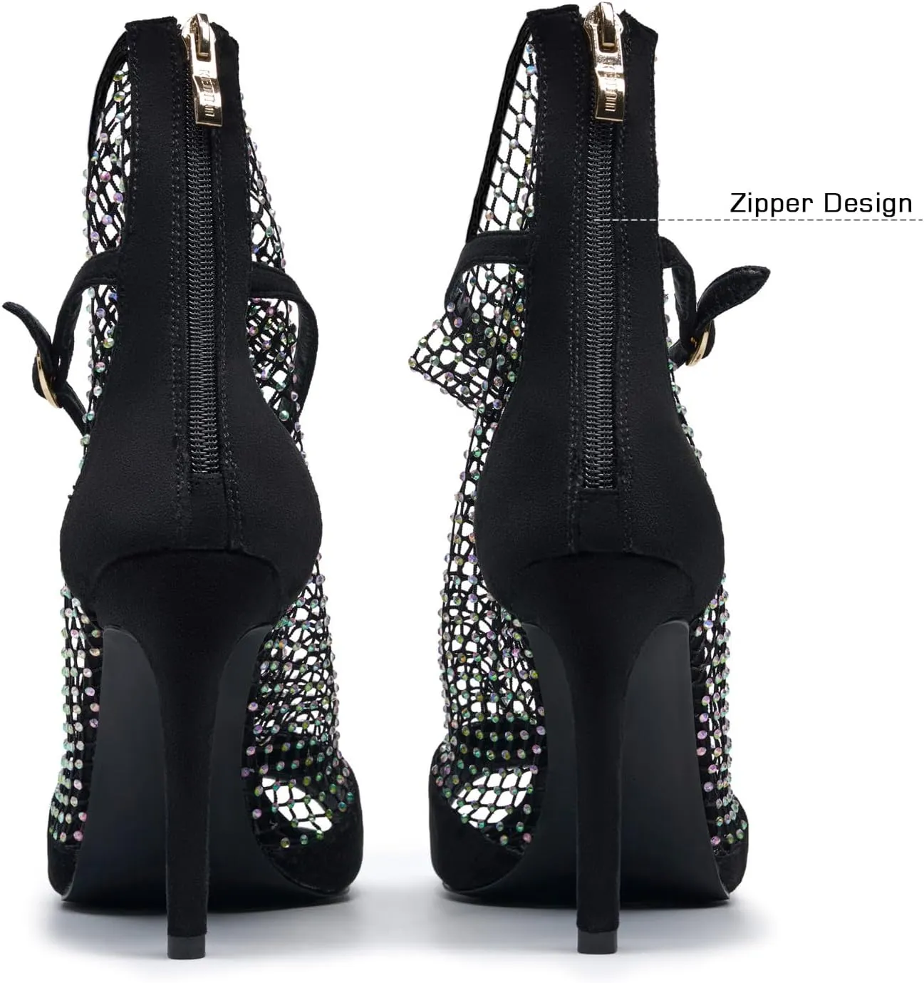 Women's sexy Suede Rhinestone mesh heels Sandal Unique wrap around Open toe Square Toe net Stiletto Zip High Heels Ankle Strap party Summer Shoes