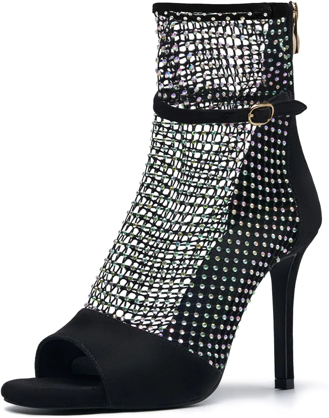 Women's sexy Suede Rhinestone mesh heels Sandal Unique wrap around Open toe Square Toe net Stiletto Zip High Heels Ankle Strap party Summer Shoes