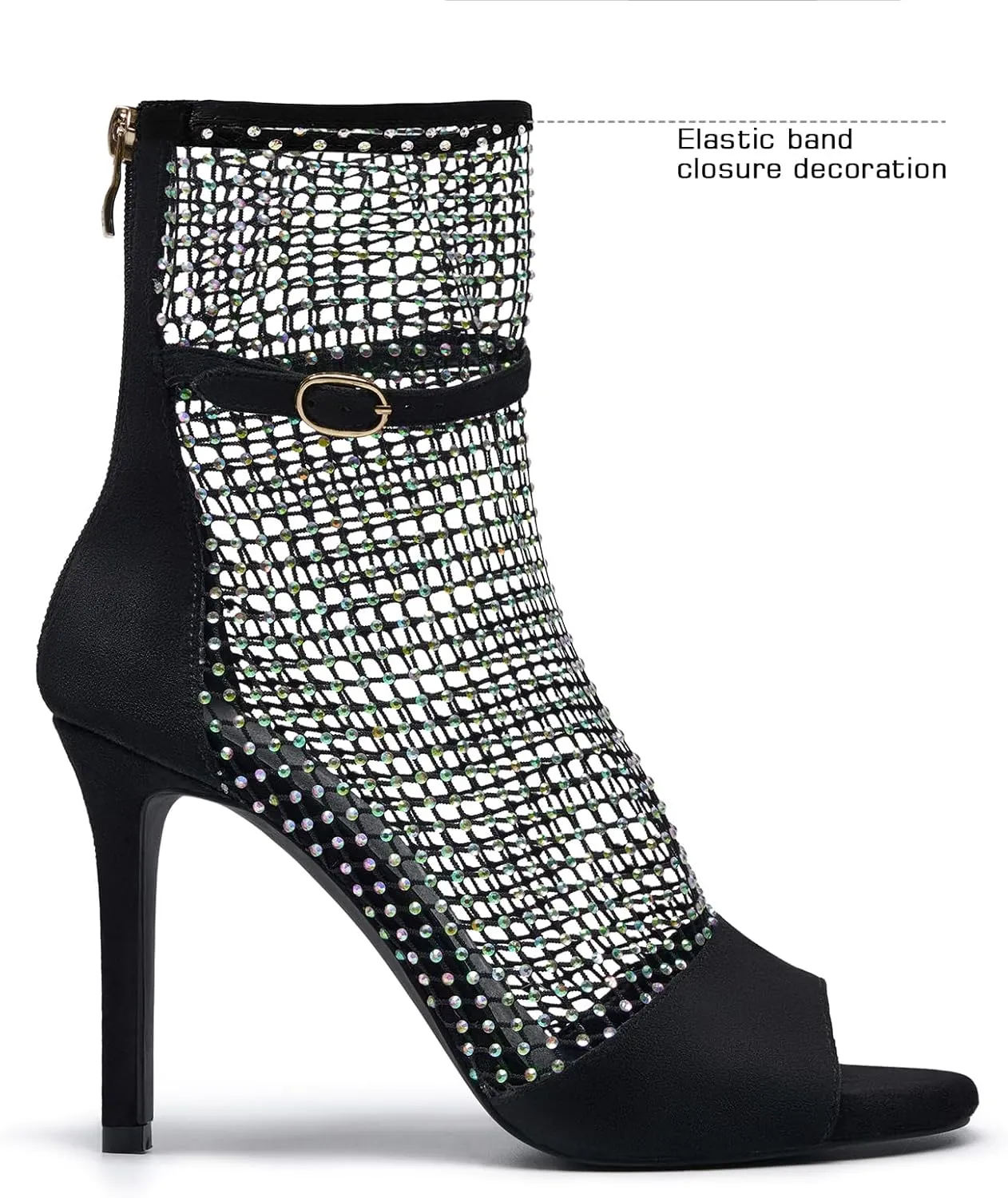 Women's sexy Suede Rhinestone mesh heels Sandal Unique wrap around Open toe Square Toe net Stiletto Zip High Heels Ankle Strap party Summer Shoes