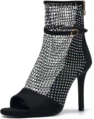 Women's sexy Suede Rhinestone mesh heels Sandal Unique wrap around Open toe Square Toe net Stiletto Zip High Heels Ankle Strap party Summer Shoes