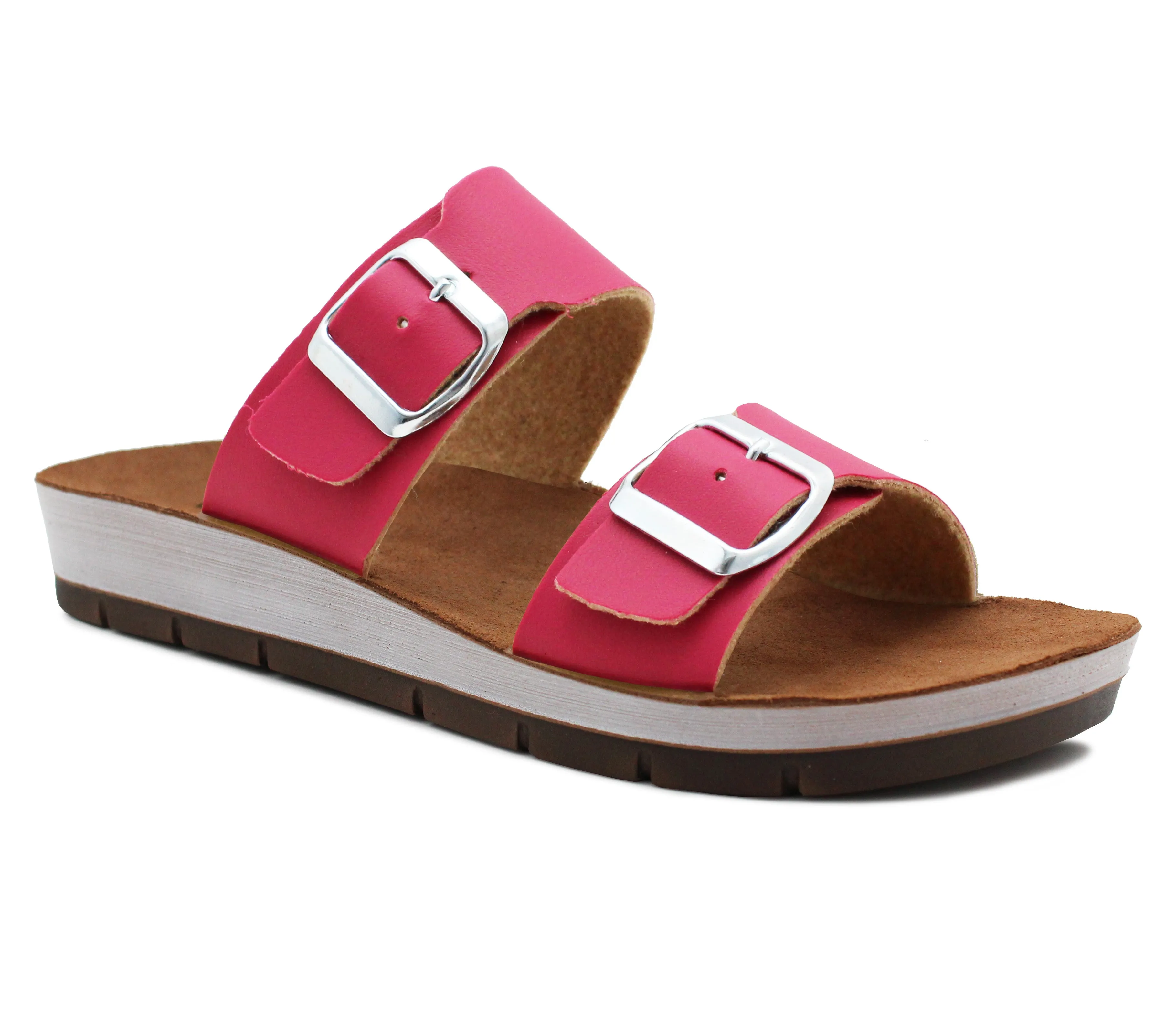 Womens Twin Buckle Strap Sandals in Fuchsia Pink Adjustable Slip On Mule Flat Summer Casual Ladies Fashion Slides
