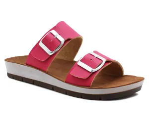Womens Twin Buckle Strap Sandals in Fuchsia Pink Adjustable Slip On Mule Flat Summer Casual Ladies Fashion Slides