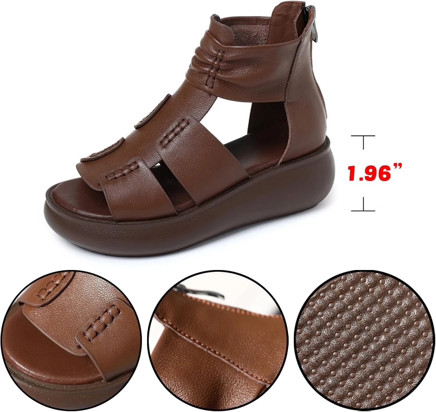 Women'S Vintage Leather Ankle Strap Platform Wedge Sandals,Comfort Round Open Toe Back Zipper Causal Roman Sandals,High Top Breathable Anti Slip Walking Dress Shoes