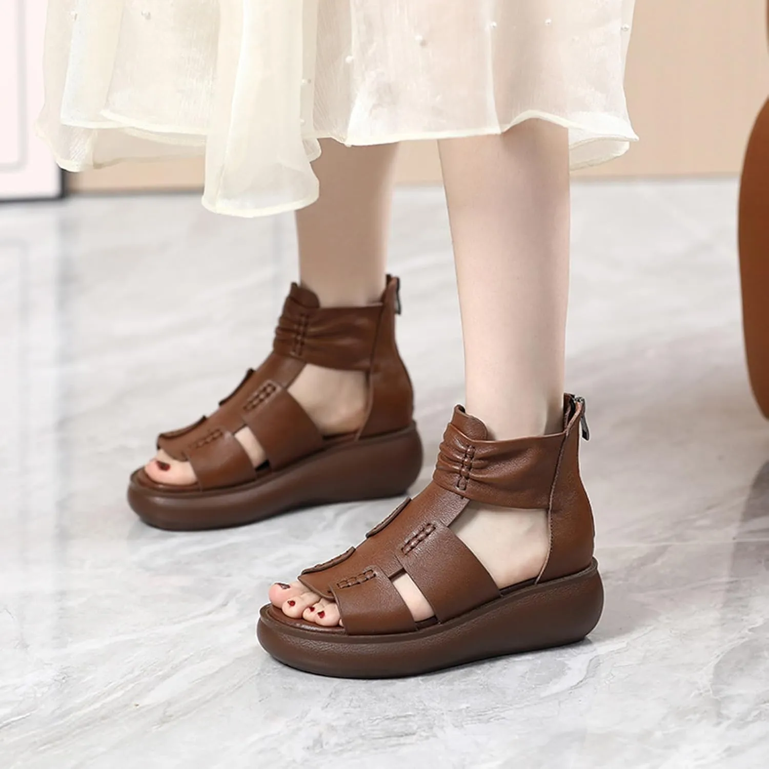 Women'S Vintage Leather Ankle Strap Platform Wedge Sandals,Comfort Round Open Toe Back Zipper Causal Roman Sandals,High Top Breathable Anti Slip Walking Dress Shoes