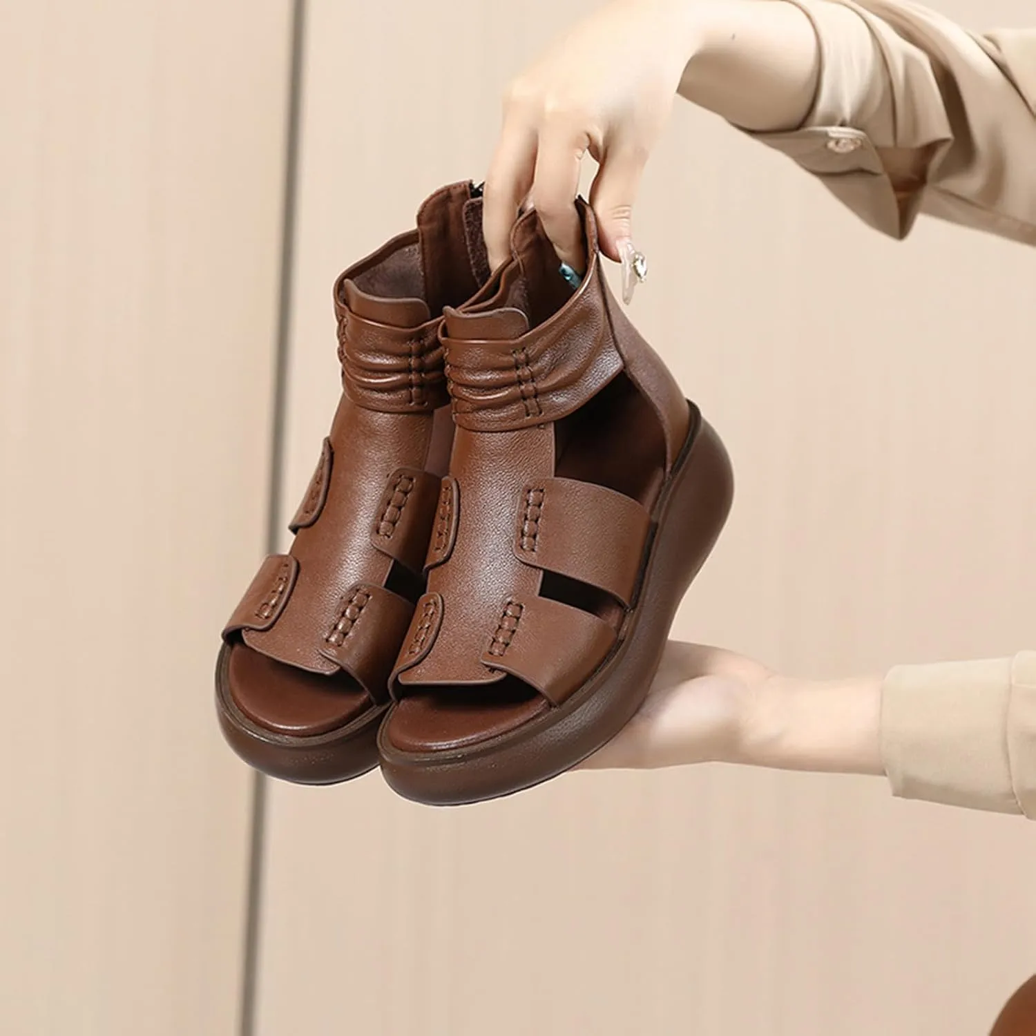 Women'S Vintage Leather Ankle Strap Platform Wedge Sandals,Comfort Round Open Toe Back Zipper Causal Roman Sandals,High Top Breathable Anti Slip Walking Dress Shoes