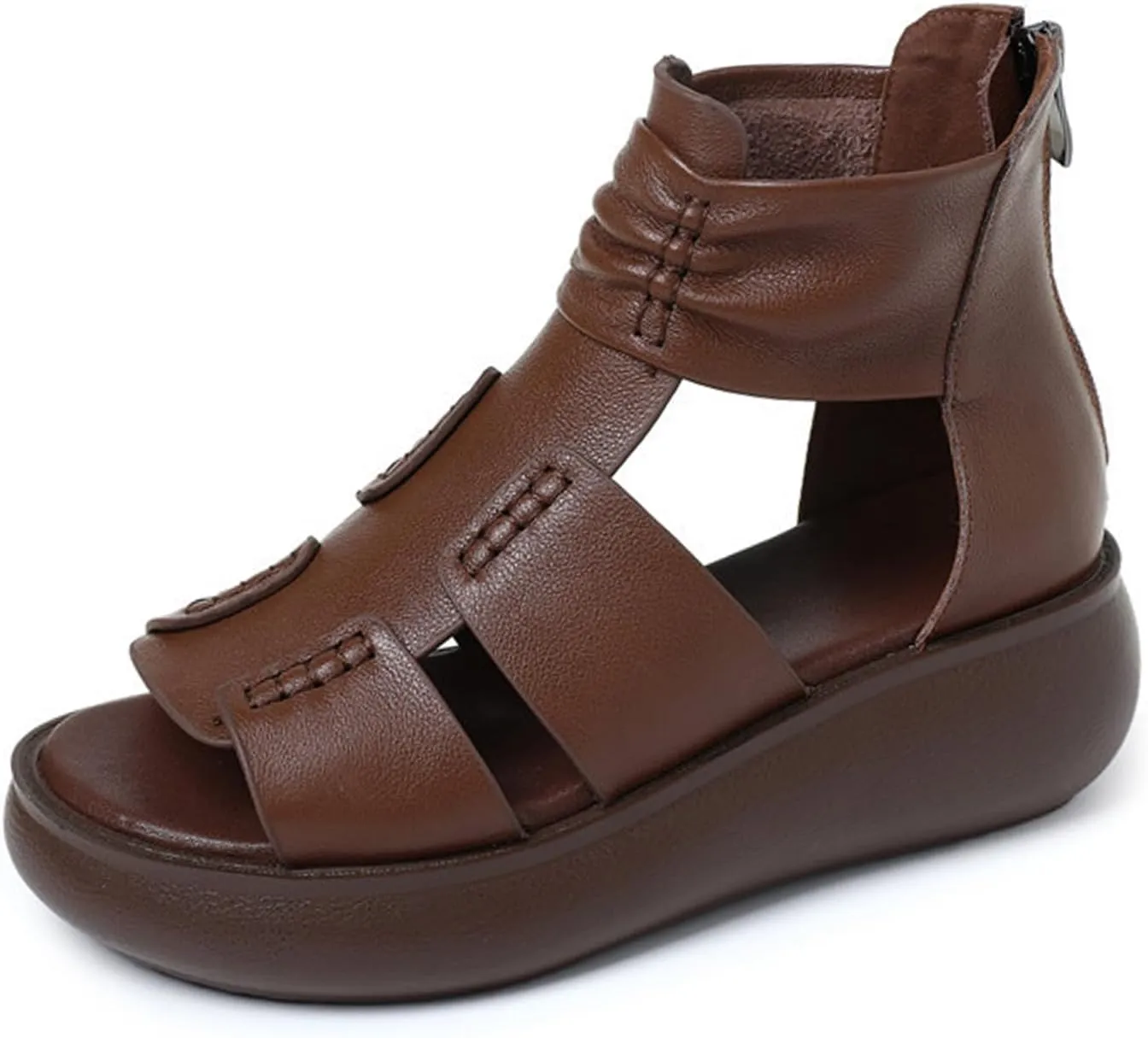Women'S Vintage Leather Ankle Strap Platform Wedge Sandals,Comfort Round Open Toe Back Zipper Causal Roman Sandals,High Top Breathable Anti Slip Walking Dress Shoes