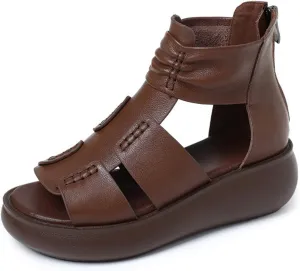 Women'S Vintage Leather Ankle Strap Platform Wedge Sandals,Comfort Round Open Toe Back Zipper Causal Roman Sandals,High Top Breathable Anti Slip Walking Dress Shoes