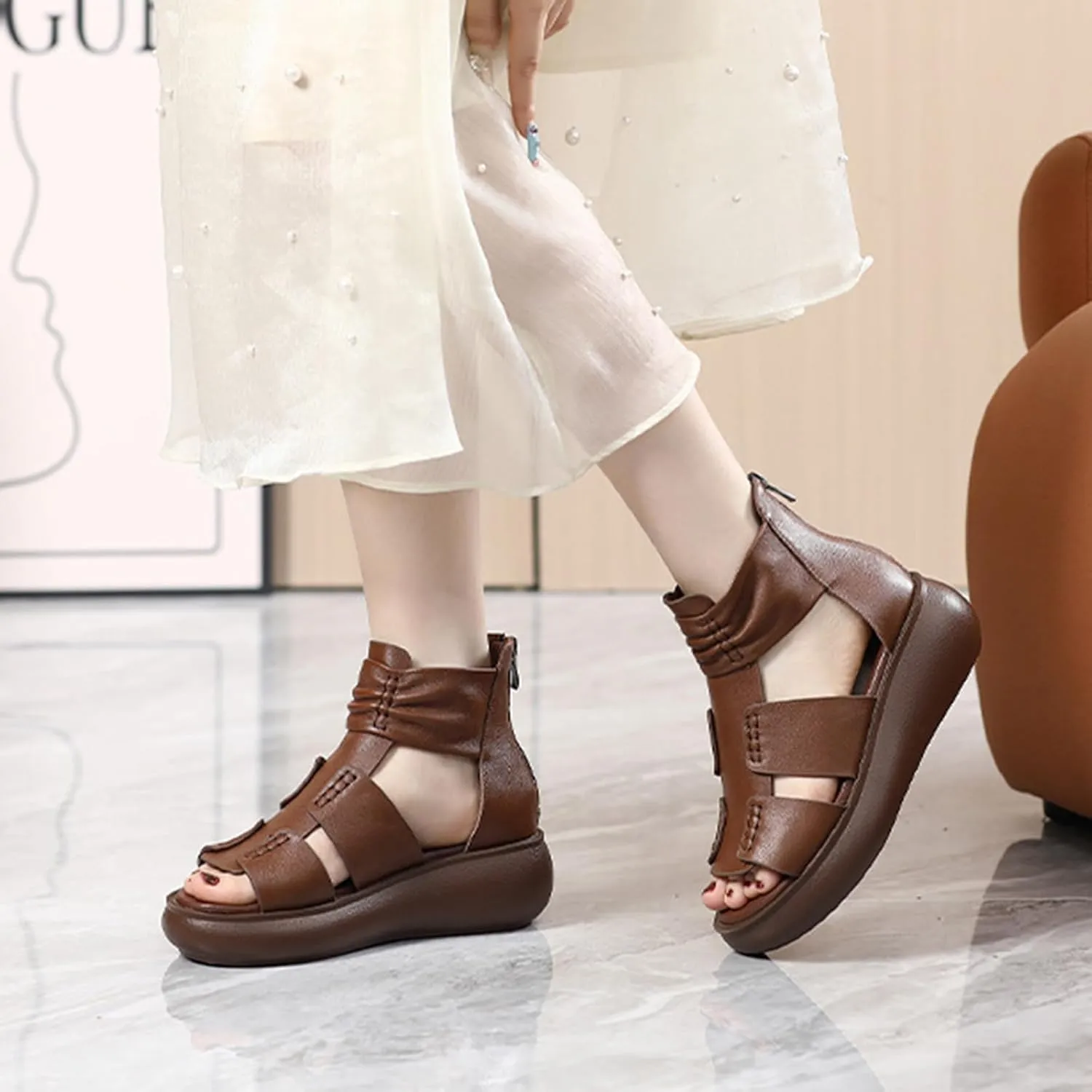 Women'S Vintage Leather Ankle Strap Platform Wedge Sandals,Comfort Round Open Toe Back Zipper Causal Roman Sandals,High Top Breathable Anti Slip Walking Dress Shoes