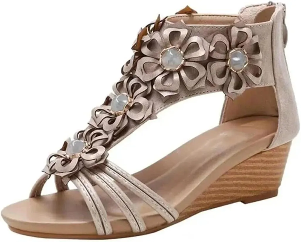 Womens Zip Back Strap Wedge Heel Open Side Vamp Modern Sandals PU Upper Retro Bohemian Summer Sandals