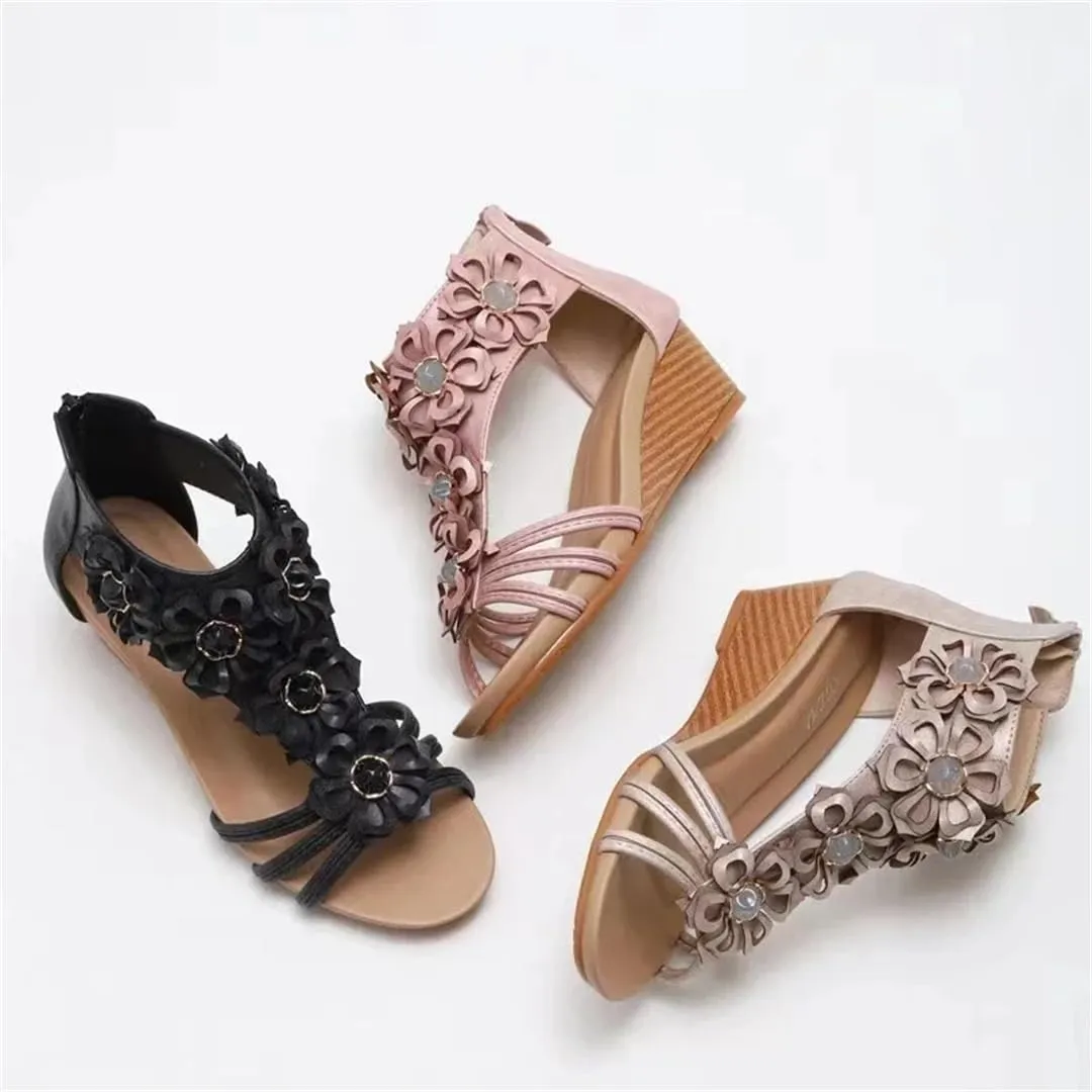 Womens Zip Back Strap Wedge Heel Open Side Vamp Modern Sandals PU Upper Retro Bohemian Summer Sandals