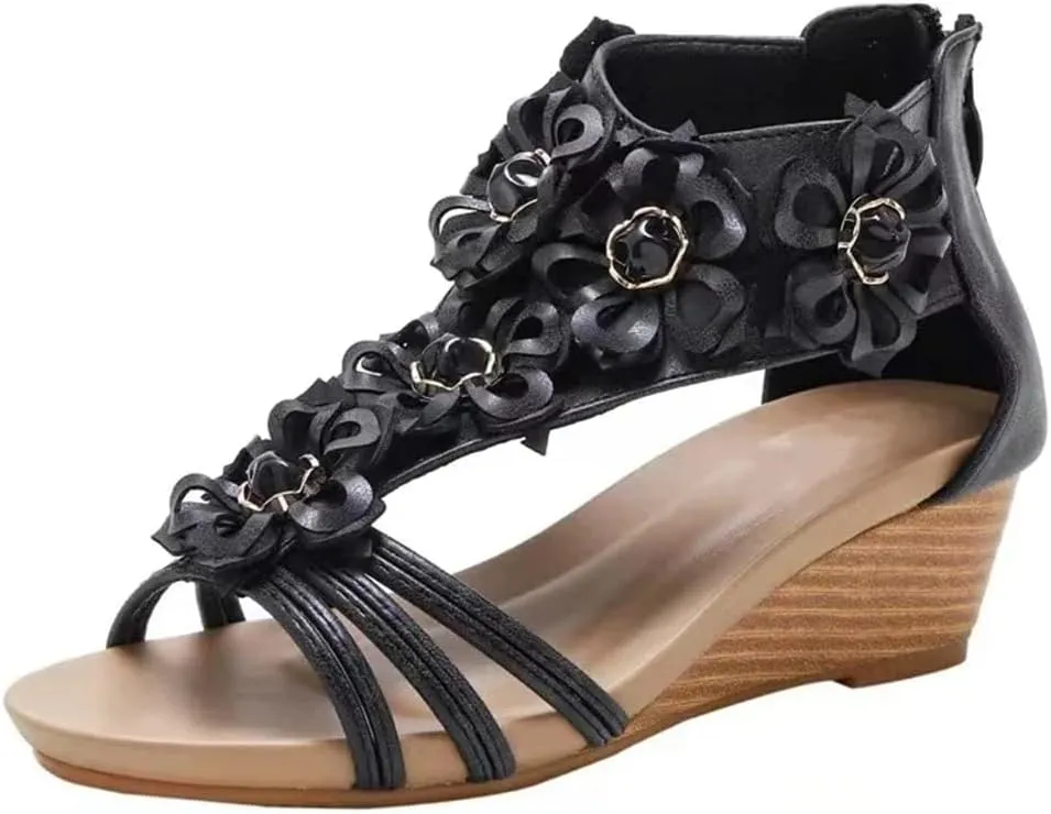 Womens Zip Back Strap Wedge Heel Open Side Vamp Modern Sandals PU Upper Retro Bohemian Summer Sandals