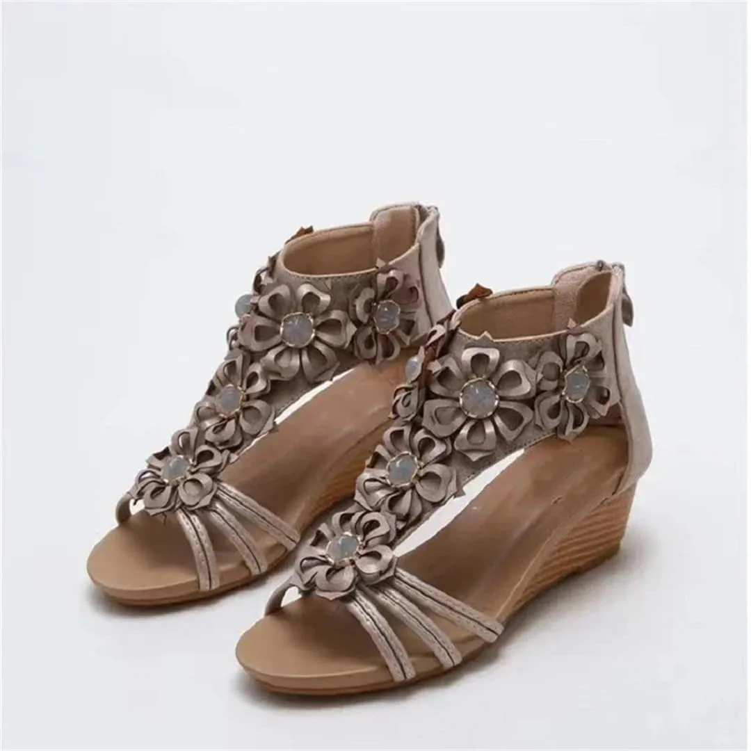 Womens Zip Back Strap Wedge Heel Open Side Vamp Modern Sandals PU Upper Retro Bohemian Summer Sandals