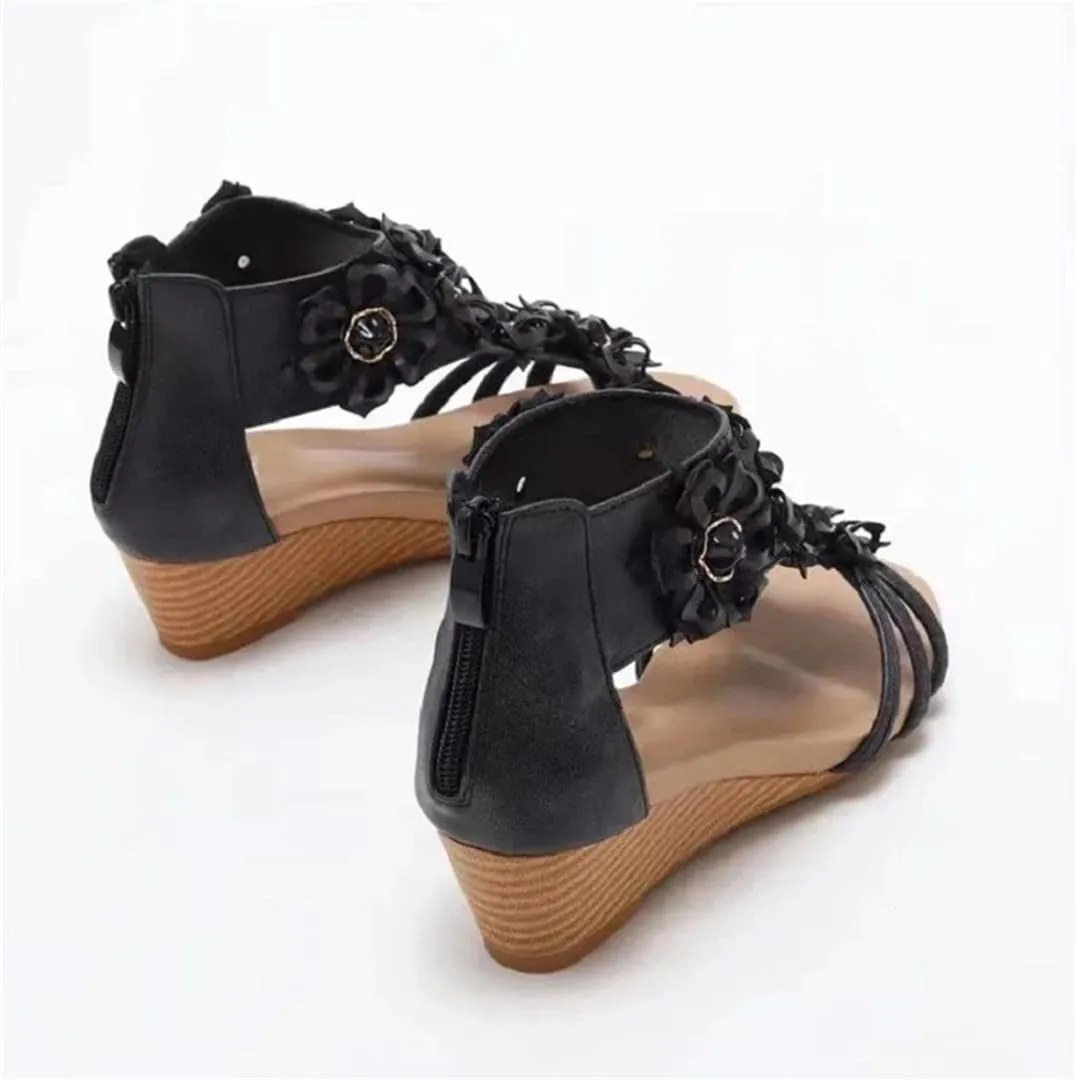 Womens Zip Back Strap Wedge Heel Open Side Vamp Modern Sandals PU Upper Retro Bohemian Summer Sandals