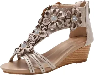 Womens Zip Back Strap Wedge Heel Open Side Vamp Modern Sandals PU Upper Retro Bohemian Summer Sandals