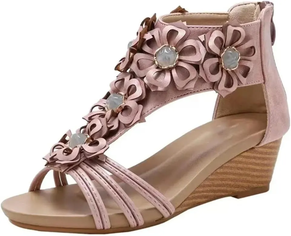 Womens Zip Back Strap Wedge Heel Open Side Vamp Modern Sandals PU Upper Retro Bohemian Summer Sandals