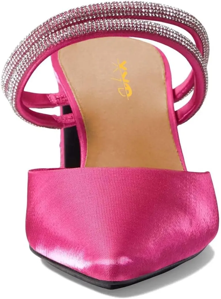 XYD Women Two Crystal Straps Pointed Toe Satin Mules Block Low Heel Slip-ons Sparkling Studs Dress Shoes