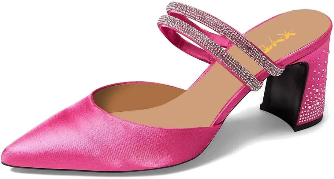 XYD Women Two Crystal Straps Pointed Toe Satin Mules Block Low Heel Slip-ons Sparkling Studs Dress Shoes