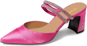 XYD Women Two Crystal Straps Pointed Toe Satin Mules Block Low Heel Slip-ons Sparkling Studs Dress Shoes