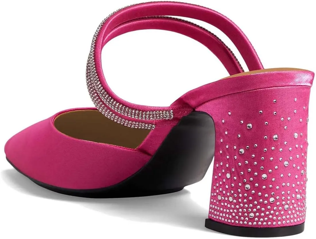 XYD Women Two Crystal Straps Pointed Toe Satin Mules Block Low Heel Slip-ons Sparkling Studs Dress Shoes