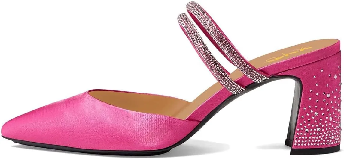 XYD Women Two Crystal Straps Pointed Toe Satin Mules Block Low Heel Slip-ons Sparkling Studs Dress Shoes